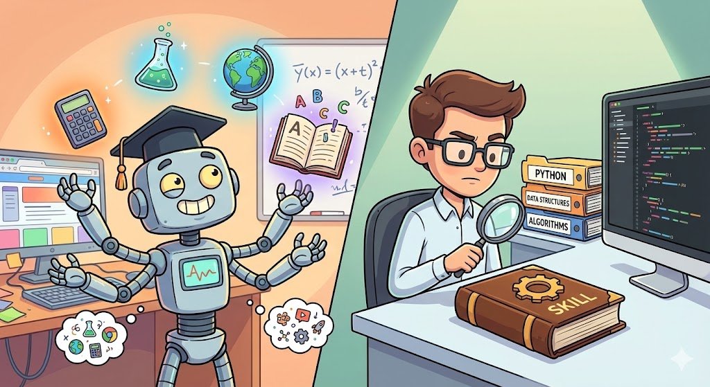 左边是博学但泛泛的 AI，右边是拿着 SKILL 手册专注工作的开发者