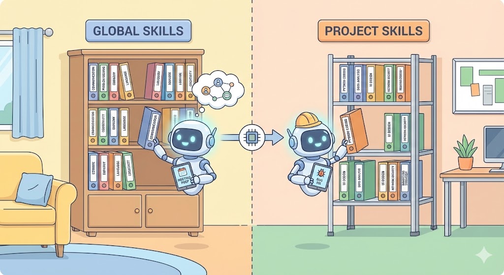全局技能像客厅的公共书架，项目级技能像工作间的专用书架