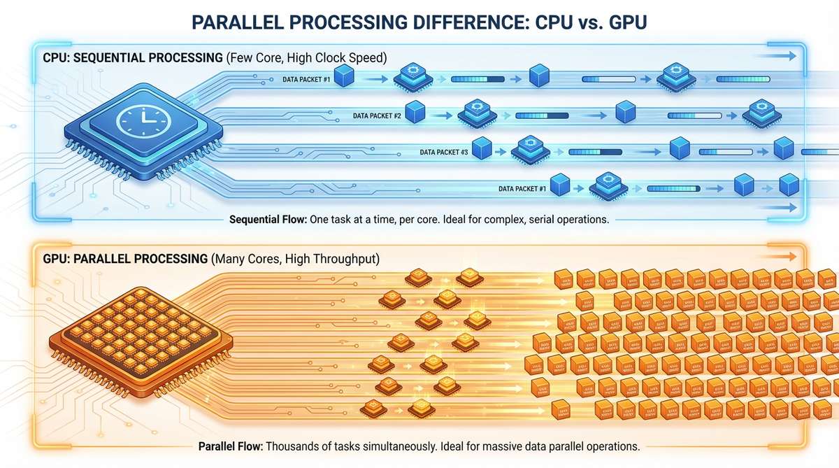 并行处理架构对比：CPU顺序处理 vs GPU大规模并行计算