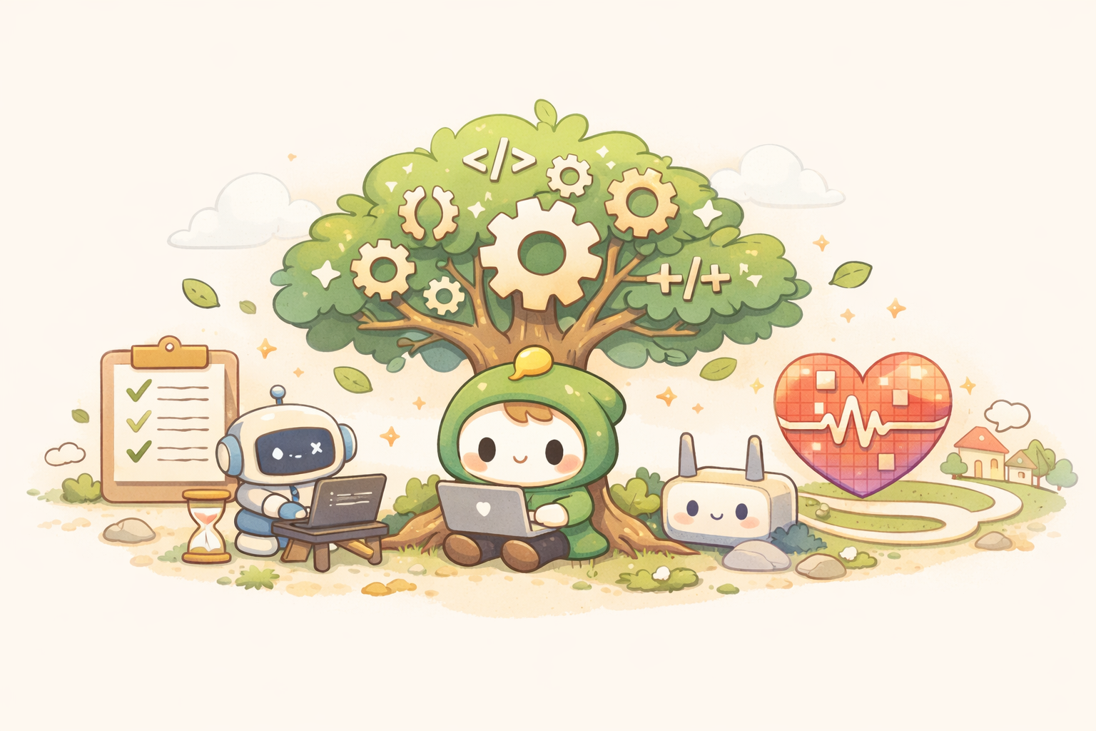 六个软萌能力卡片:橡树、冲浪、合规、仓鼠、握手、种子