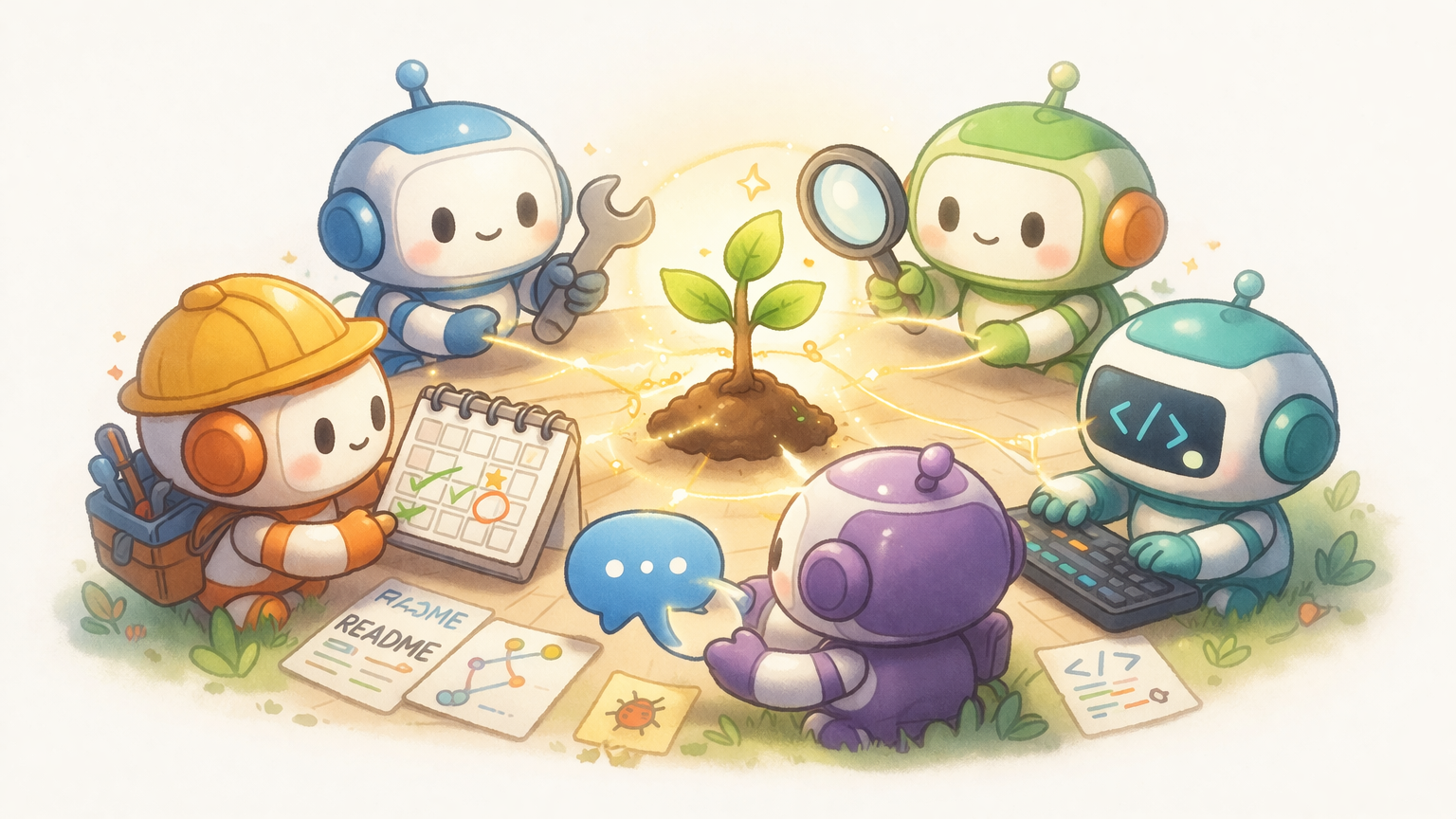 左侧是飞速旋转的齿轮和奔跑的小机器人,右侧是一棵缓慢生长的小橡树苗