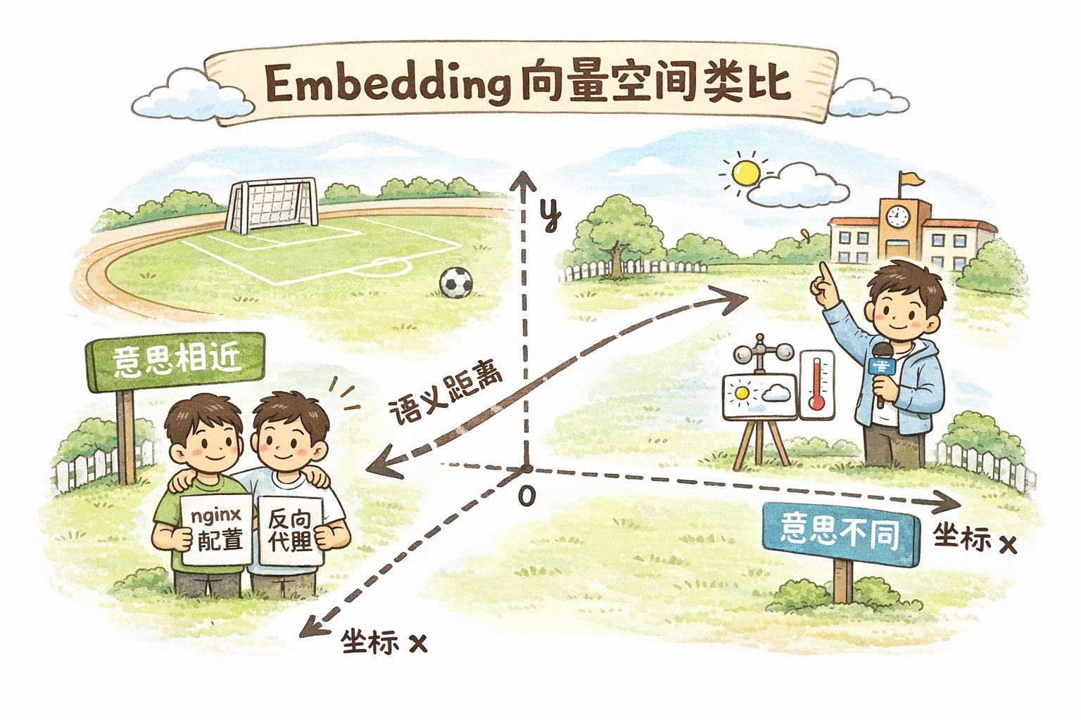 Embedding 向量空间：意思相近的文本距离近，意思不同的距离远