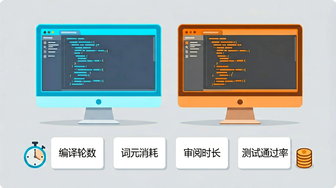 对照实验要记录的四个指标:编译轮数、词元消耗、审阅时长、测试通过率