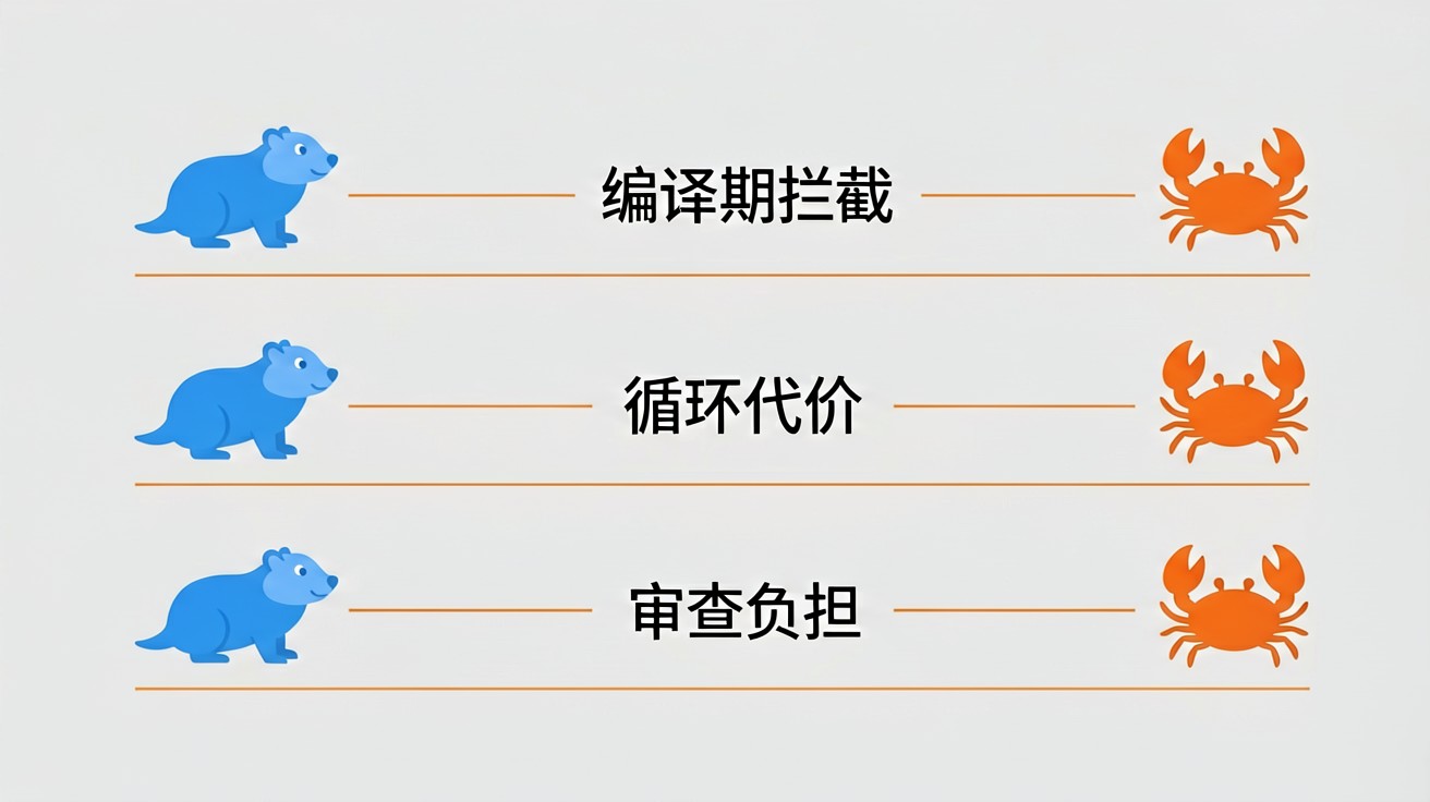 验证成本三要素账本:编译期拦截 Rust 占优,循环代价与审查负担 Go 占优