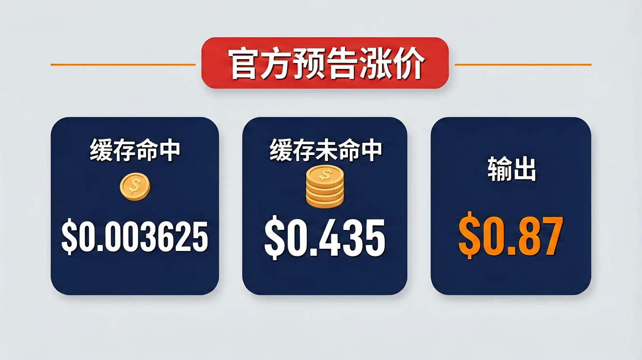 定价一览:缓存命中 $0.003625 / 未命中 $0.435 / 输出 $0.87,顶部红条为官方涨价预告