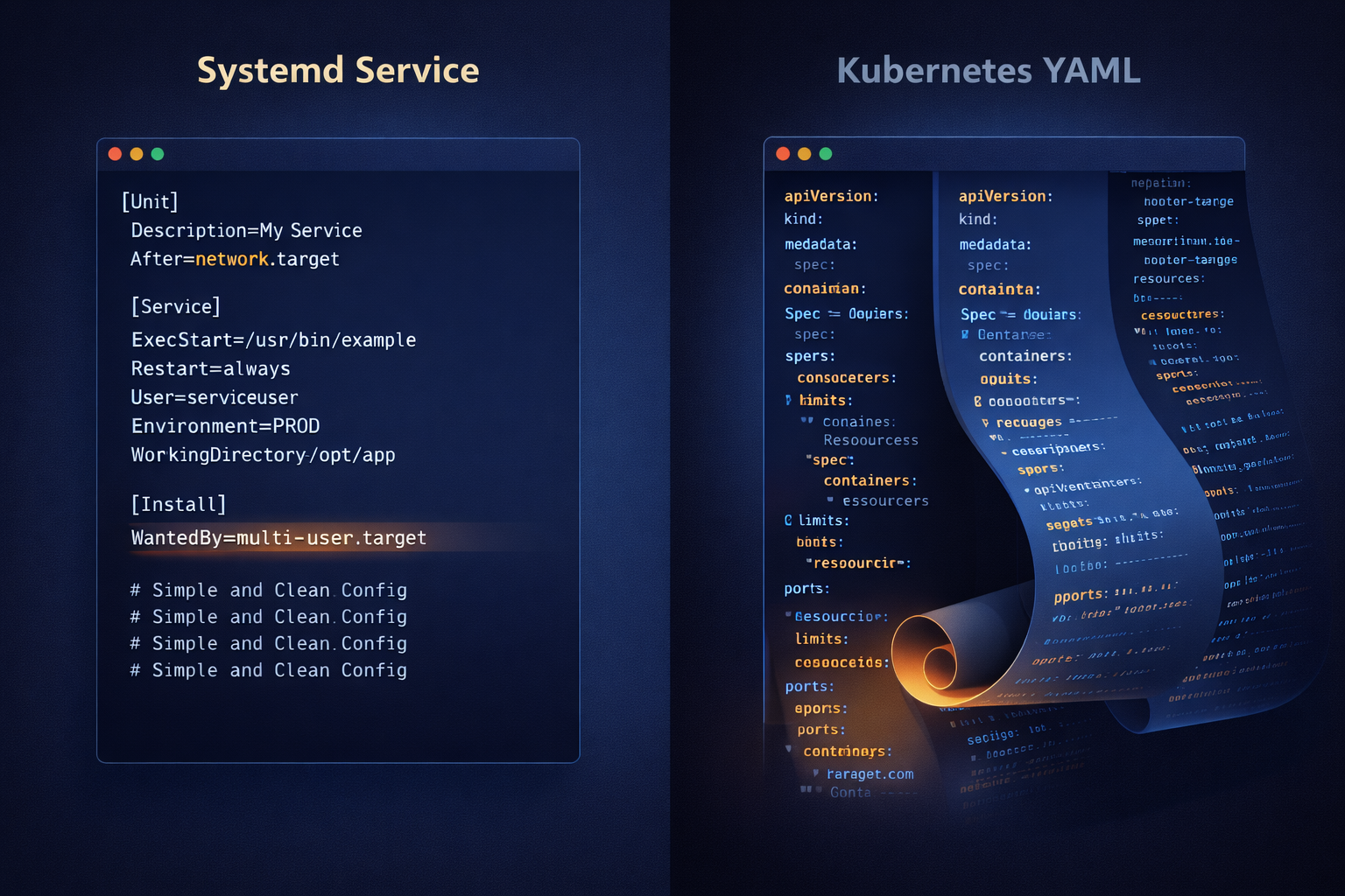 Config file comparison: 20 lines of systemd vs endless YAML