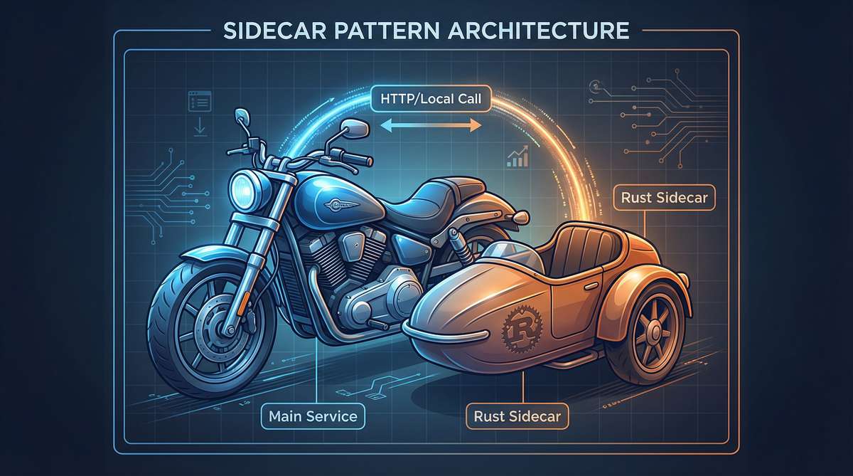 Rust Sidecar边车架构图：主服务通过本地HTTP调用Rust边车处理CPU密集任务