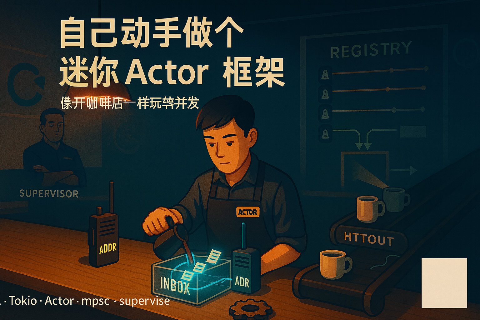 夜晚咖啡店里的迷你 Actor 框架：Actor、Addr、Inbox、Supervisor 的可视化